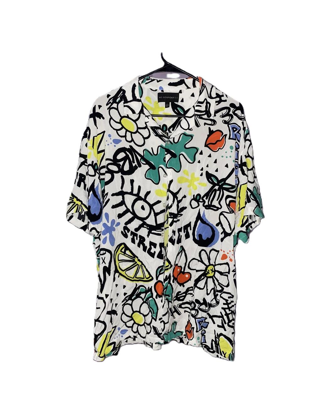 No Boundaries Graffiti Button Up Y2K Streetwear Artsy Oversized Top L